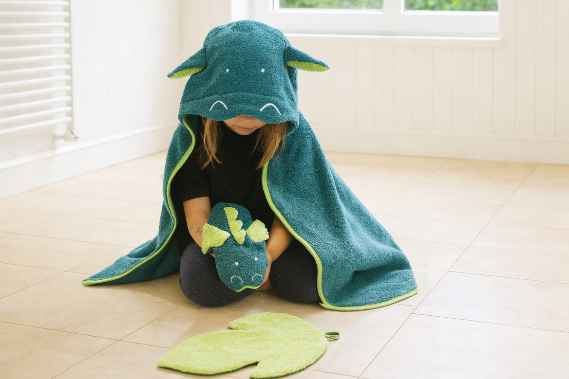 Kind eingekuschelt in ein grünes Drachenhandtuch, spielt mit einem Drachenwaschlappen und einem kleinen Handtuch in Form einer Flamme.