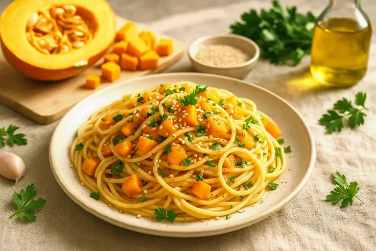 Spaghetti mit Kürbis und Sesam