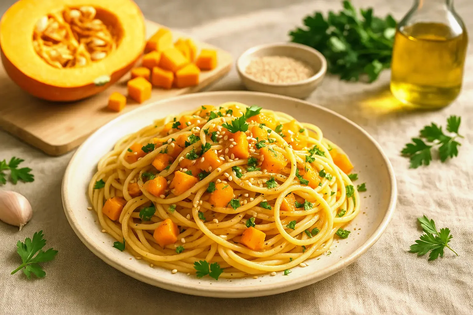 Spaghetti mit Kürbis und Sesam
