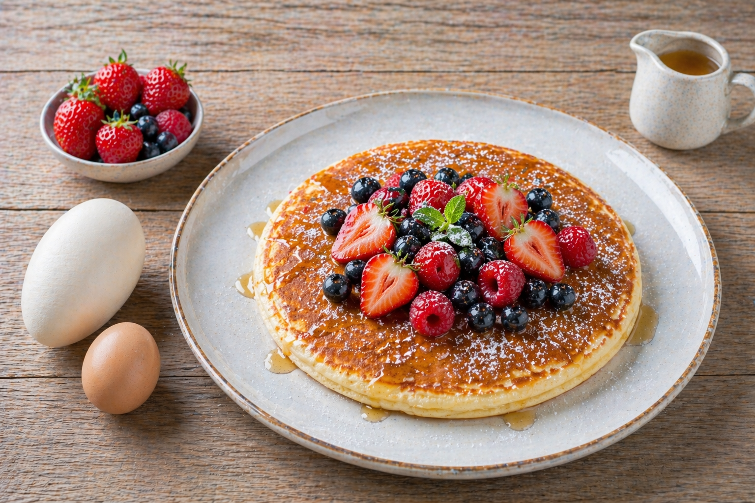 Pfannkuchen mit Gänseei - serviert mit frischen Früchten