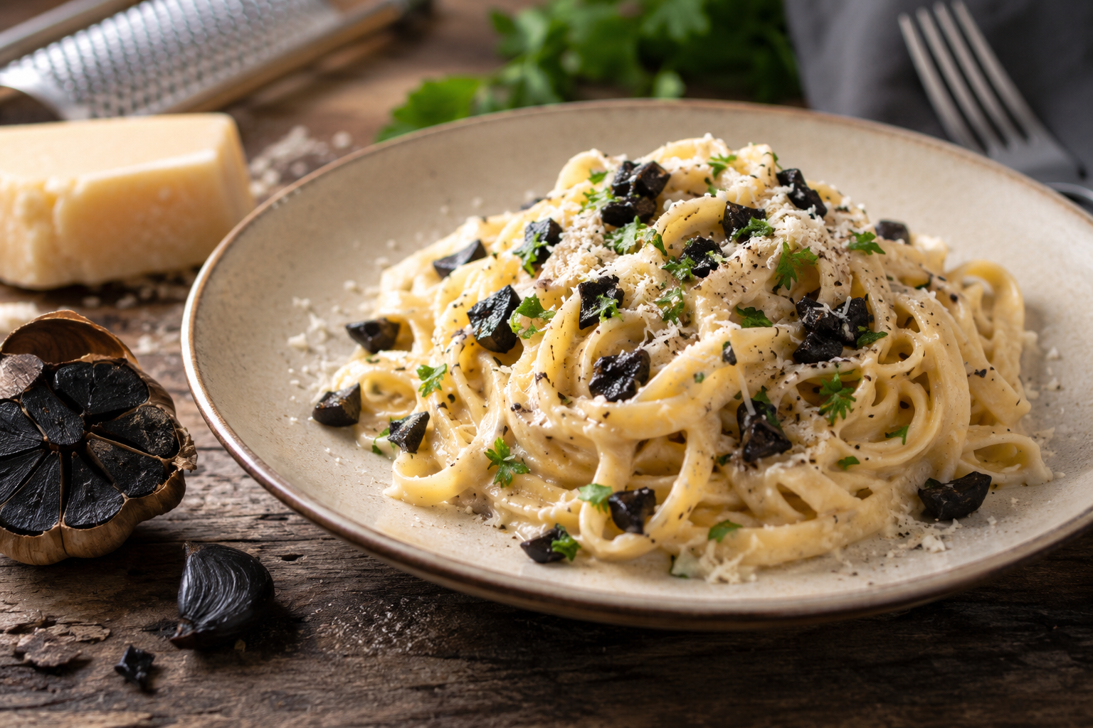 Cremige Pasta mit schwarzem Knoblauch und Parmesan