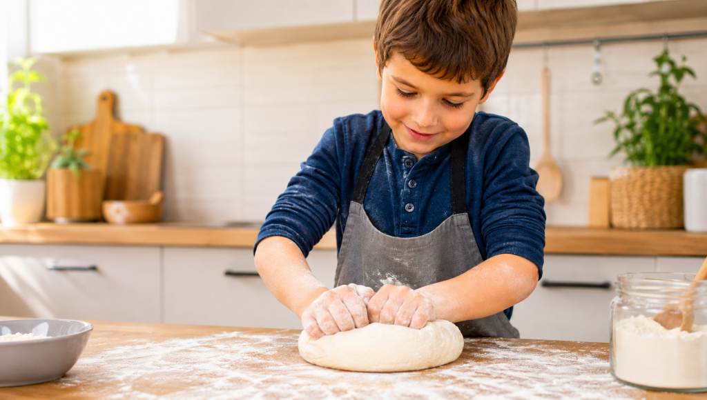 Kind knetet Pizzateig