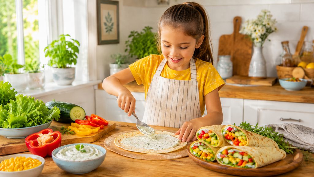 Kinderleicht belegt: Pfannkuchen-Wraps mit Frischkäse und buntem Gemüse