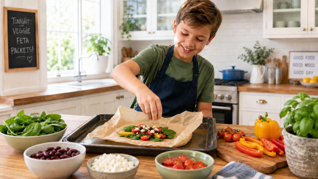 Frisch, bunt und familienfreundlich: Gemüse-Feta-Päckchen vom Blech
