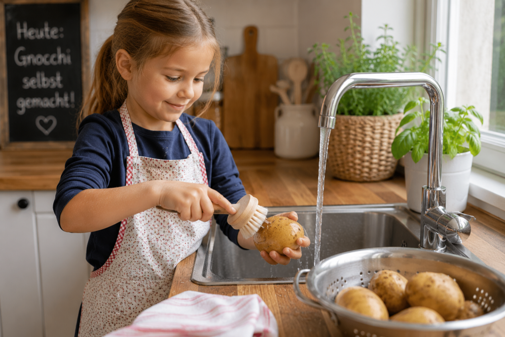 Kind wäscht Kartoffeln
