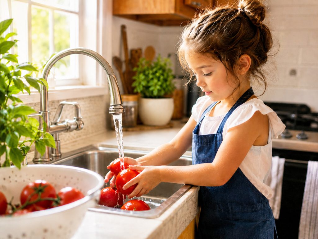 Kleine Küchenhelferin beim Waschen der Tomaten