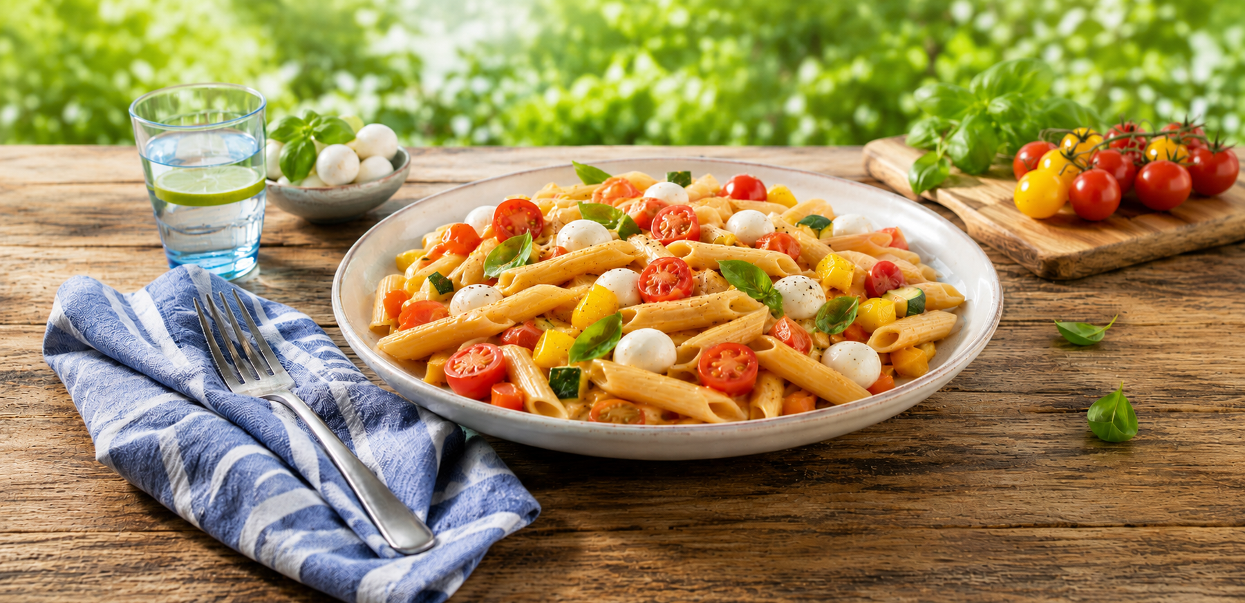 Bunte Sommer-Pasta mit mildem Tomaten-Frischkäse-Sugo und Mini-Mozzarella