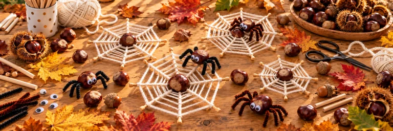 Spinnennetze und Spinnen aus Kastanien