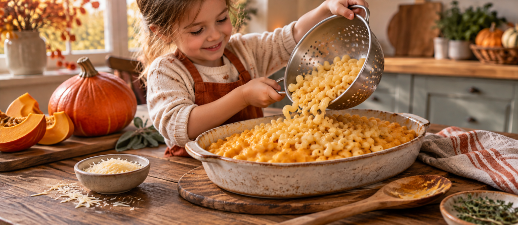 Kind kocht Makkaroni mit Käse