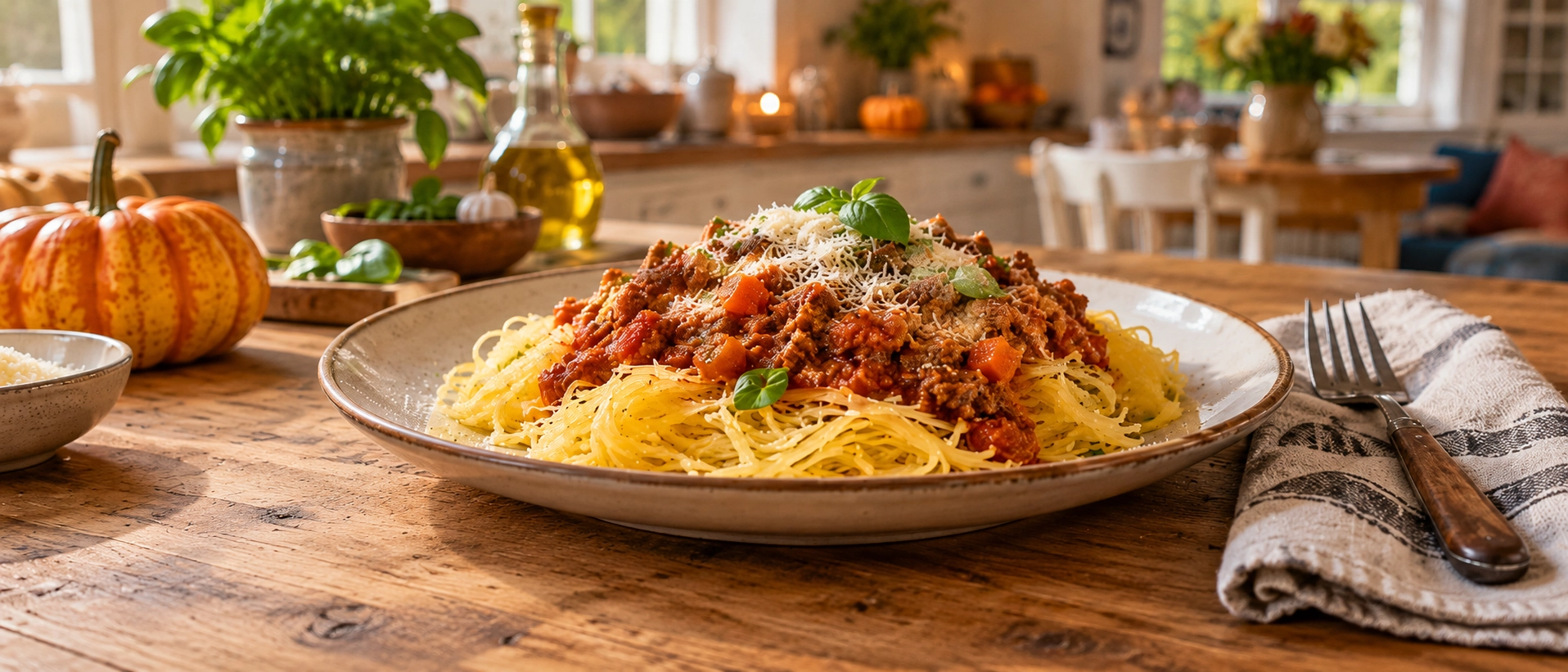 Spaghettikürbis mit Bolognese-Soße