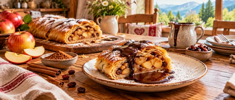 Apfelstrudel mit Schokoladensauce